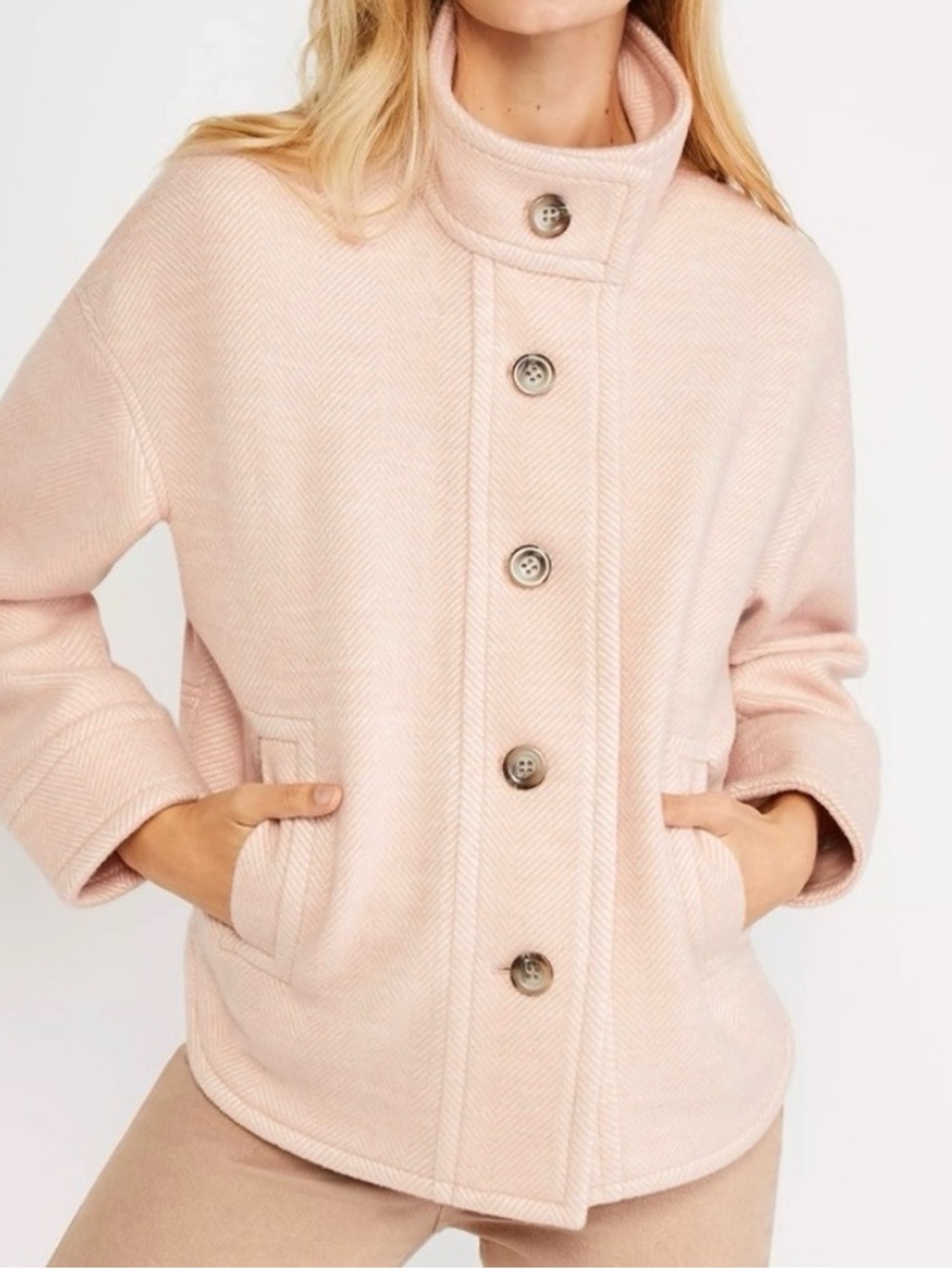 Ann Taylor Pink Herringbone Funnel Neck  Wool Blend Coat Oversized